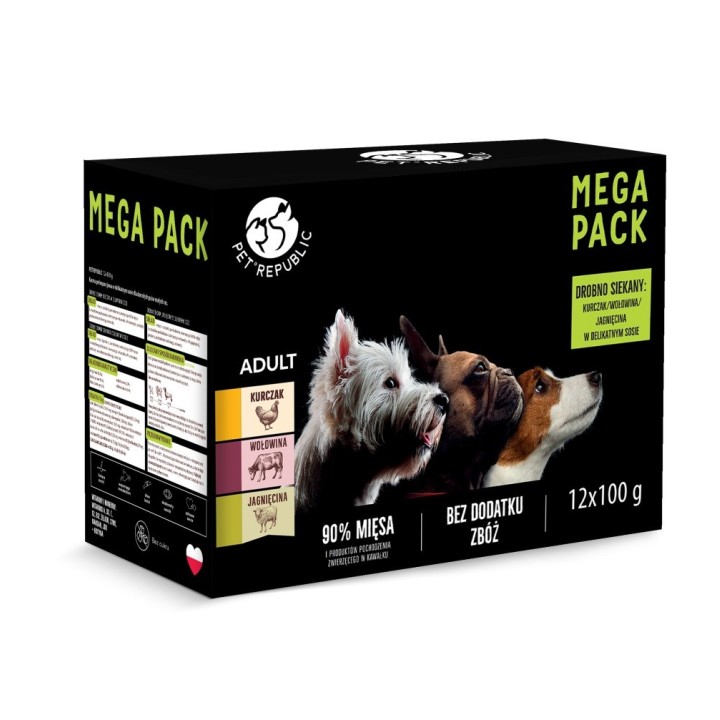 PETREPUBLIC Mega Pack Pollo Manzo Agnello - cibo umido per cani - 12x100g