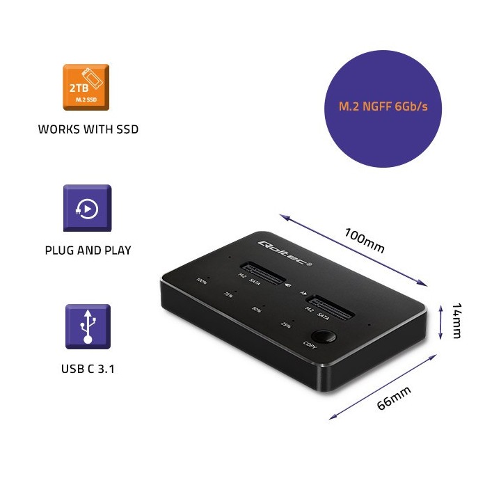 Qoltec 50310 stazione aggancio unità 2x SSD M.2 SATA | NGFF | USB tipo C