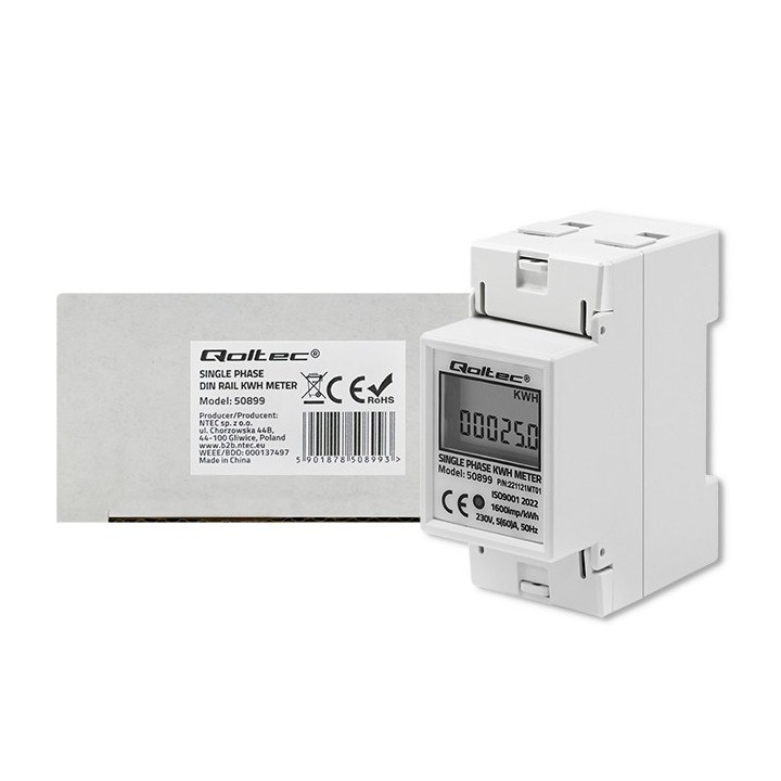 Qoltec 50899 contatore elettronico del consumo di energia monofase | 230 V | LCD | 2P | DIN rail