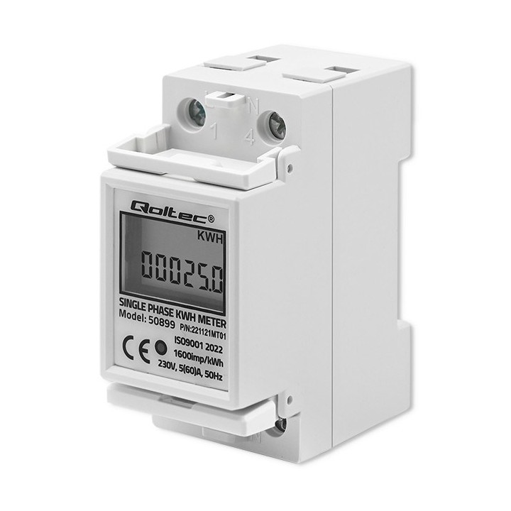Qoltec 50899 contatore elettronico del consumo di energia monofase | 230 V | LCD | 2P | DIN rail