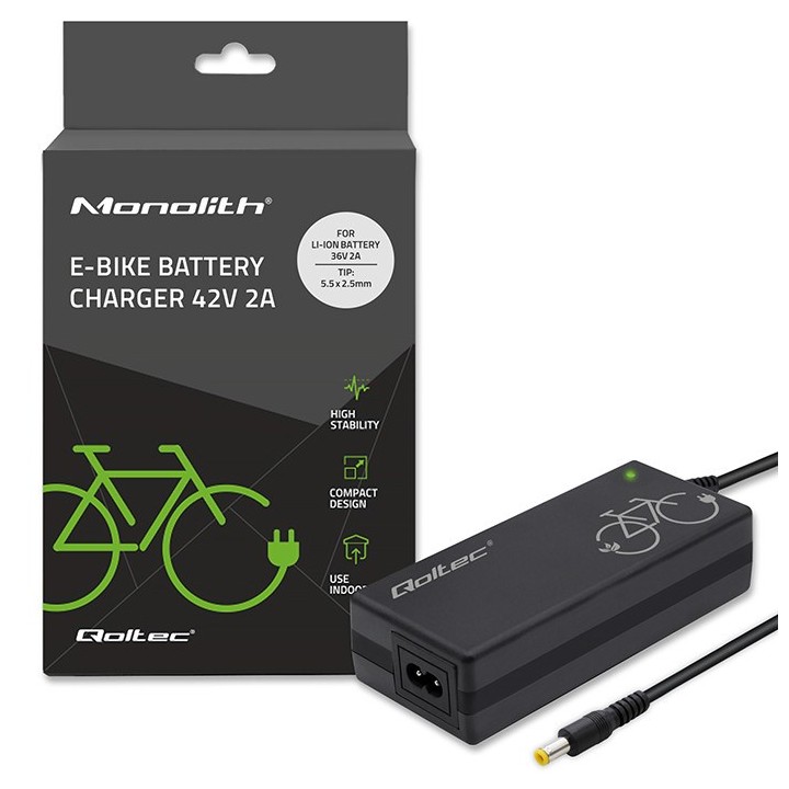 Qoltec 50761 caricabatterie per batterie e-bike 36V | 42V | 2A | 5.5*2.5