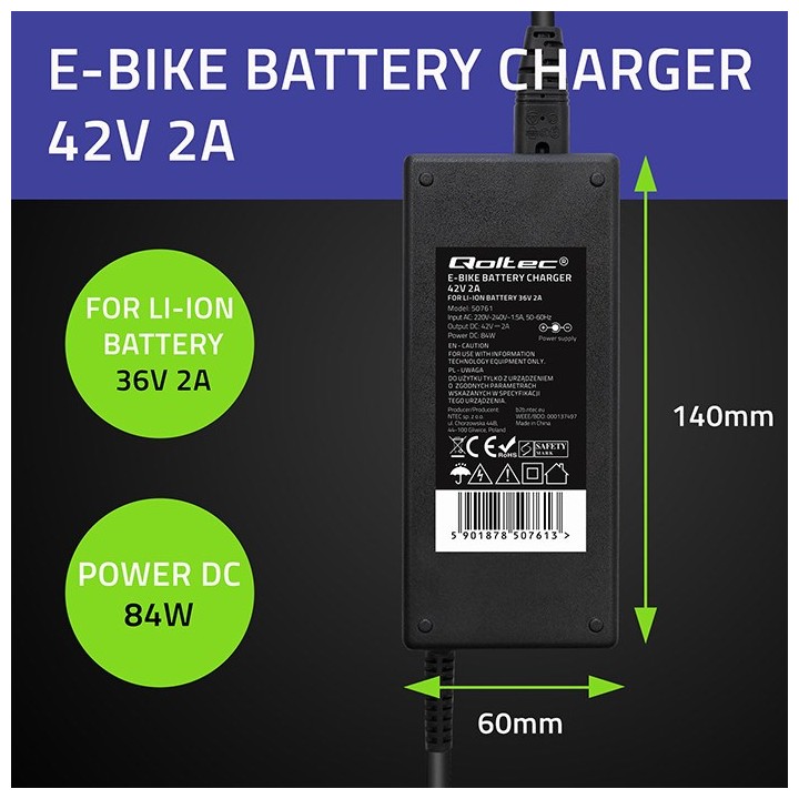 Qoltec 50761 caricabatterie per batterie e-bike 36V | 42V | 2A | 5.5*2.5