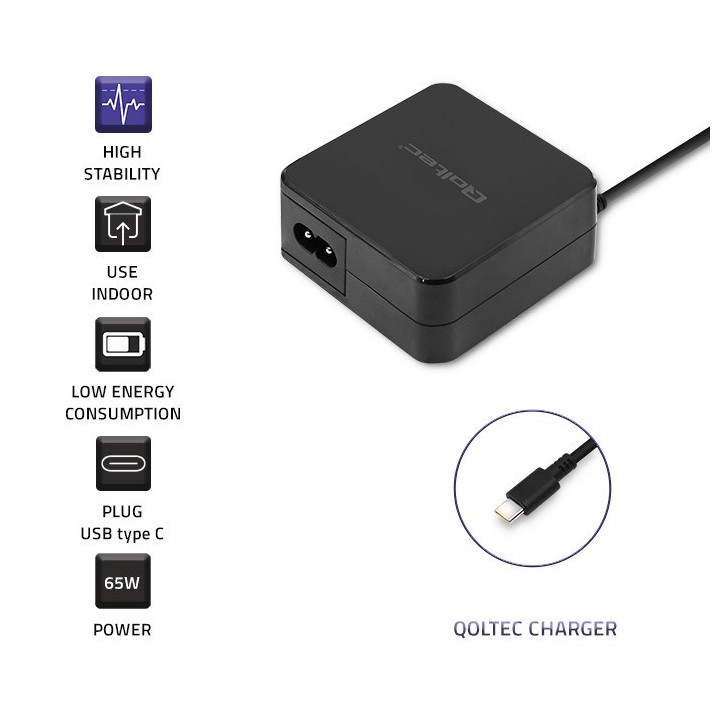 Qoltec 51027 Caricabatterie | 65W | 5-20.3V | 2-3.25A | USB type C | PD