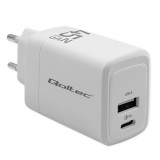 Qoltec 51825 GaN 45W caricabatterie| 5-20V | 1.5-3A | 1 x USB-C PD | 1x USB QC 3.0 | bianco