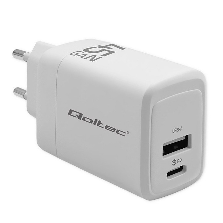 Qoltec 51825 GaN 45W caricabatterie| 5-20V | 1.5-3A | 1 x USB-C PD | 1x USB QC 3.0 | bianco