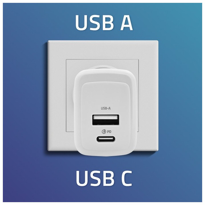 Qoltec 51825 GaN 45W caricabatterie| 5-20V | 1.5-3A | 1 x USB-C PD | 1x USB QC 3.0 | bianco