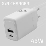 Qoltec 51825 GaN 45W caricabatterie| 5-20V | 1.5-3A | 1 x USB-C PD | 1x USB QC 3.0 | bianco