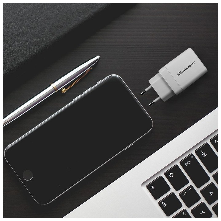 Qoltec 51825 GaN 45W caricabatterie| 5-20V | 1.5-3A | 1 x USB-C PD | 1x USB QC 3.0 | bianco