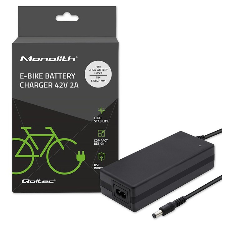 Qoltec 50760 caricabatterie per batterie e-bike 36V | 42V | 2A | 5.5*2.1
