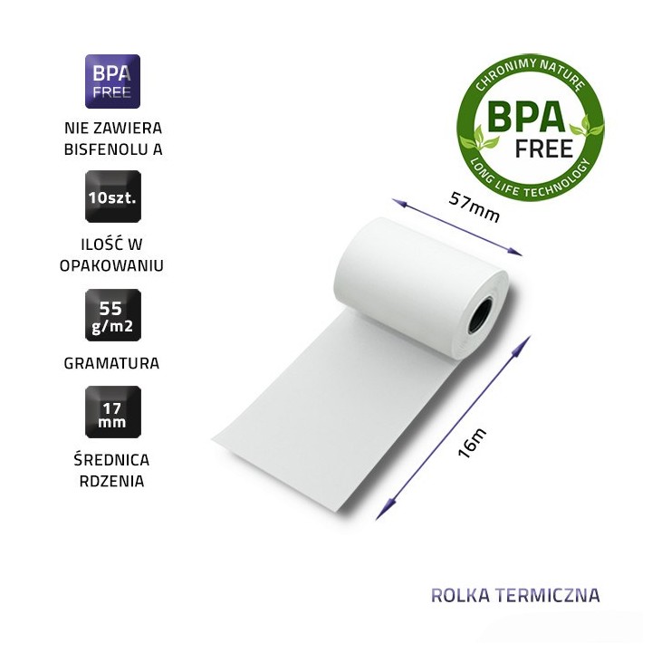Qoltec 51899 Rotolo termico 57 x 16 | 55g / m2 | 10 pezzi | senza BPA