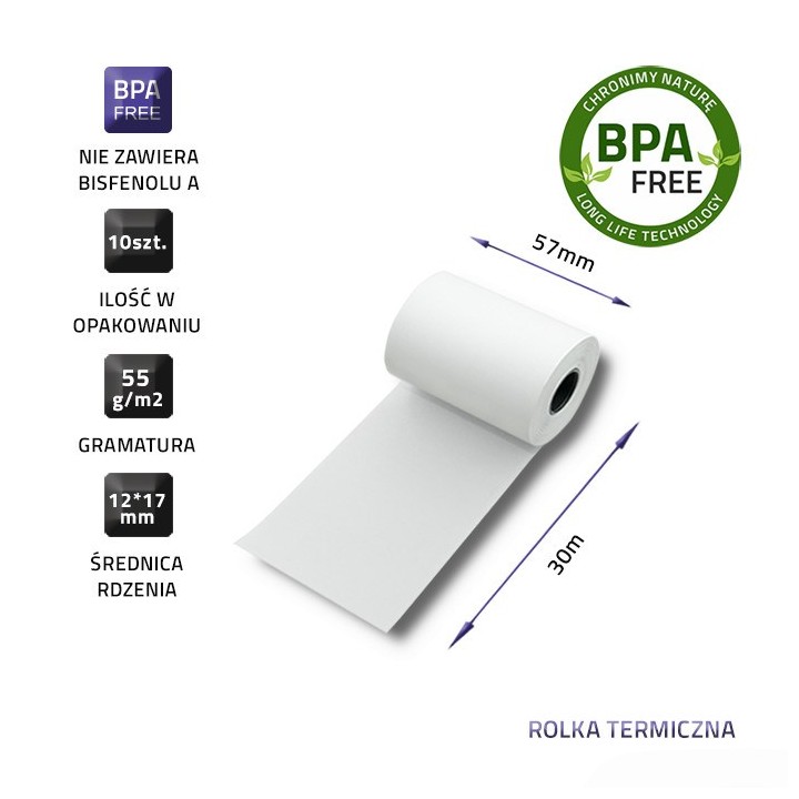 Qoltec 51895 Rotolo termico 57 x 30 | 55g / m2 | 10 pezzi | senza BPA