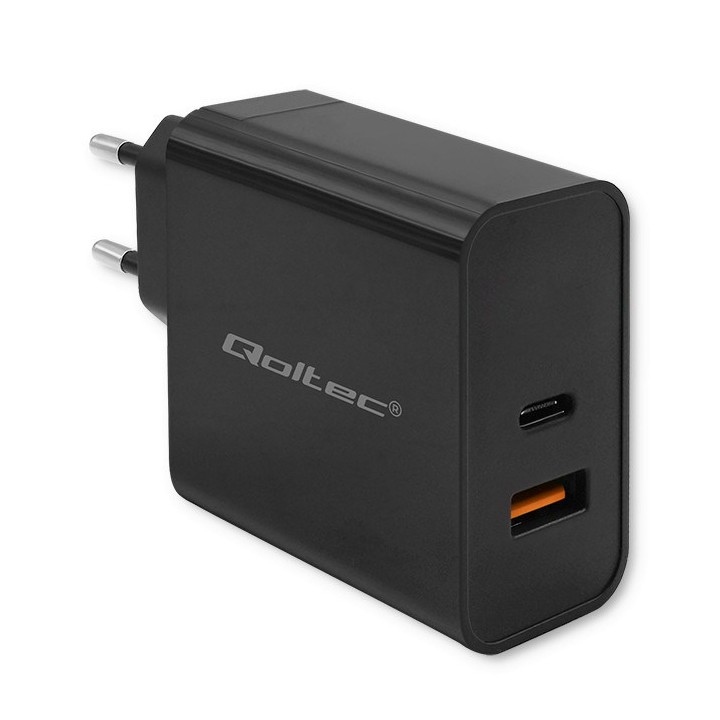 Qoltec 52381 Caricabatterie superrapido PD | 1xUSB-C | 1xUSB| 90W | 5-20V | 2.4-4.35A | nero