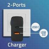 Qoltec 52381 Caricabatterie superrapido PD | 1xUSB-C | 1xUSB| 90W | 5-20V | 2.4-4.35A | nero