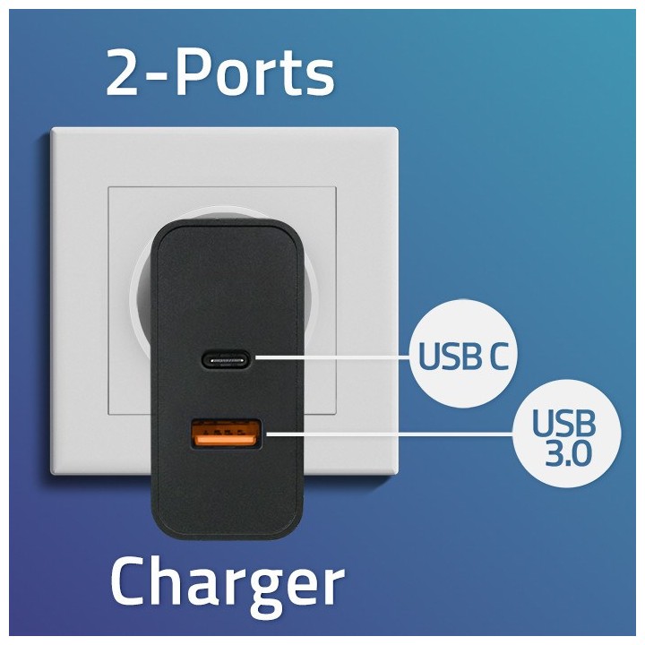 Qoltec 52381 Caricabatterie superrapido PD | 1xUSB-C | 1xUSB| 90W | 5-20V | 2.4-4.35A | nero