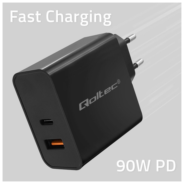Qoltec 52381 Caricabatterie superrapido PD | 1xUSB-C | 1xUSB| 90W | 5-20V | 2.4-4.35A | nero