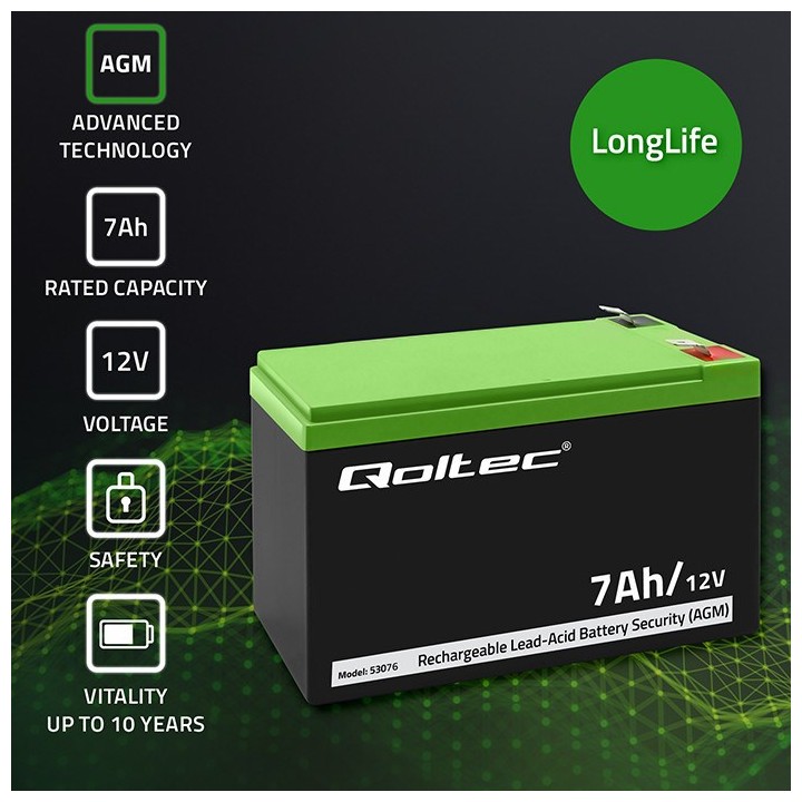 Qoltec 53076 AGM Batteria | 12V | 7Ah | Sicurezza