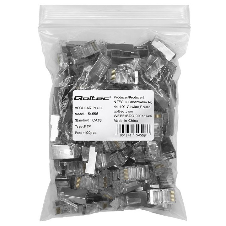 Qoltec 54556 RJ45 connettore modulare | CAT6 | FTP | contatti placcati in oro | 100 pezzi