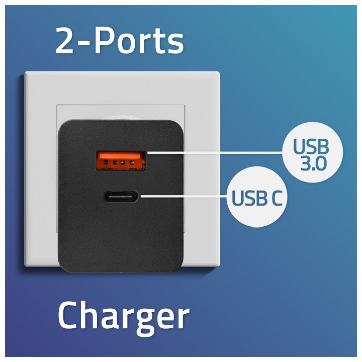 Qoltec 52382 GaN POWER PRO Caricabatterie | 1xUSB tipo C | 1xUSB A | 100W | 5-20V | 1.5-5A | PD | nero