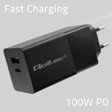 Qoltec 52382 GaN POWER PRO Caricabatterie | 1xUSB tipo C | 1xUSB A | 100W | 5-20V | 1.5-5A | PD | nero