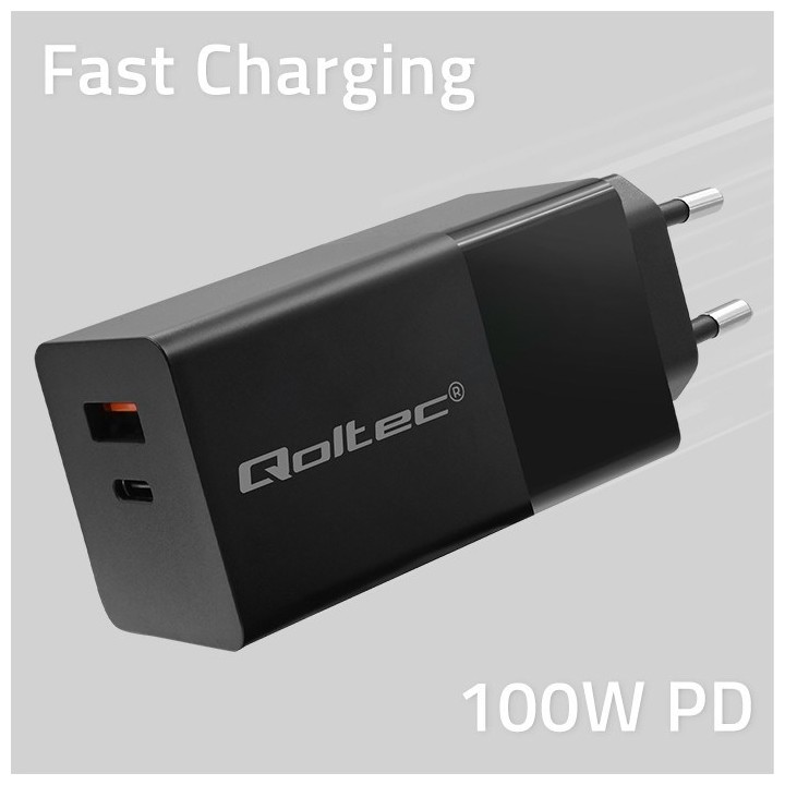 Qoltec 52382 GaN POWER PRO Caricabatterie | 1xUSB tipo C | 1xUSB A | 100W | 5-20V | 1.5-5A | PD | nero