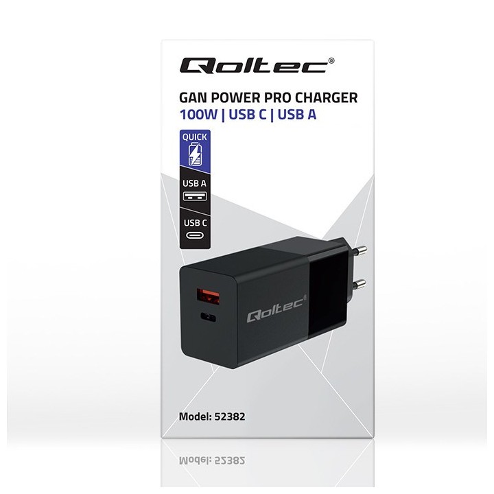 Qoltec 52382 GaN POWER PRO Caricabatterie | 1xUSB tipo C | 1xUSB A | 100W | 5-20V | 1.5-5A | PD | nero