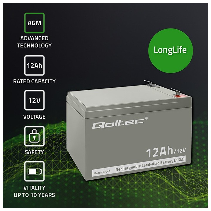 Qoltec 53049 AGM Batteria | 12V | 12Ah