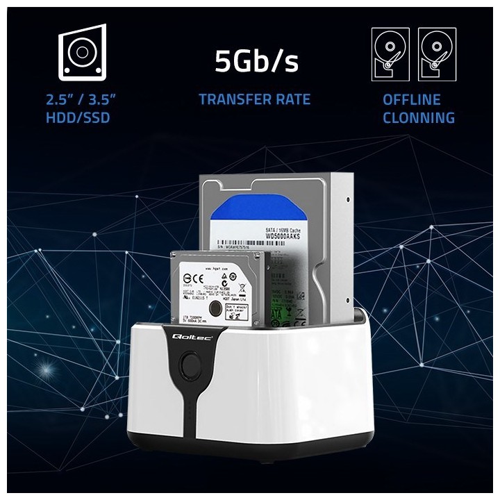 Qoltec 50309 HDD SSD 2.5 3.5 stazione di aggancio | SATA III | USB 3.0 | super velocità 5Gb/s | con funzione clonazione