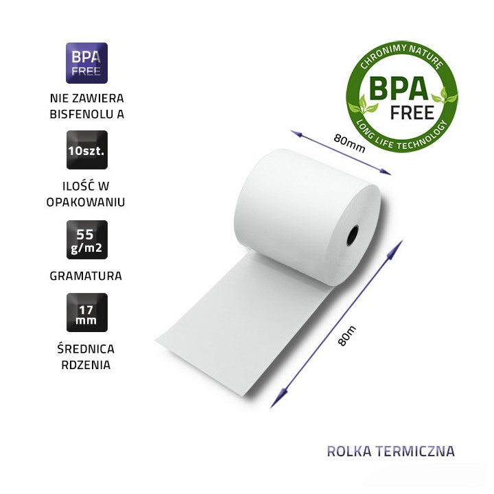 Qoltec 51892 Rotolo termico 80 x 80 | 55g/m2 | 10pcs | BPA free