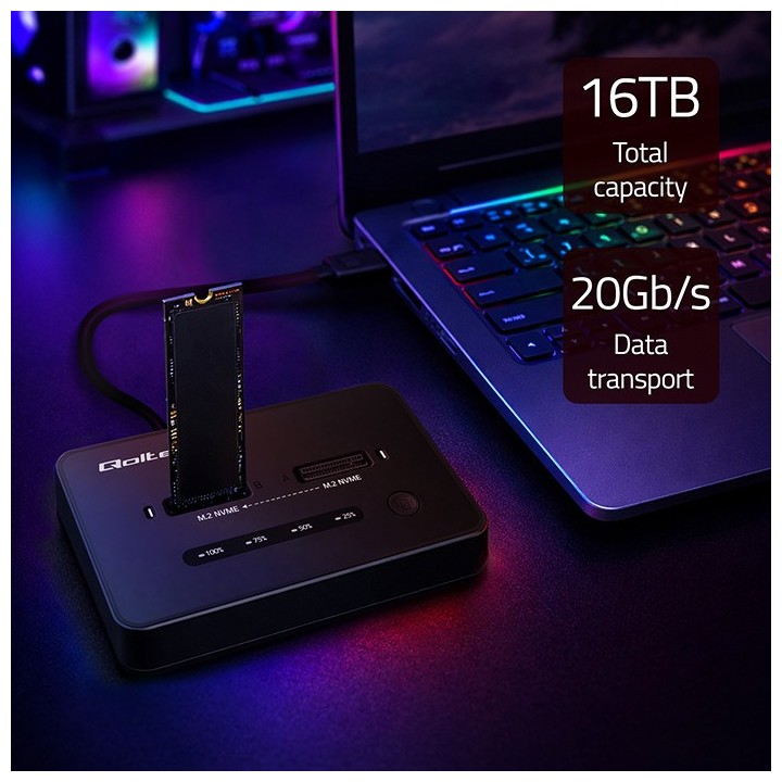 Qoltec 52366 M.2 NVMe SSD stazione di aggancio | PCIe | USB-C | 20 Gb/s | DUAL 2 x 8TB | clonazione offline