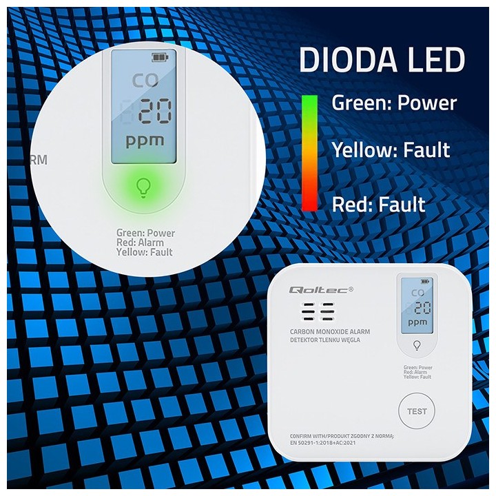 Qoltec 52577 Sensore wireless di monossido di carbonio (CO) con batteria | vita utile sensore 10 anni | allarme 85dB | LED