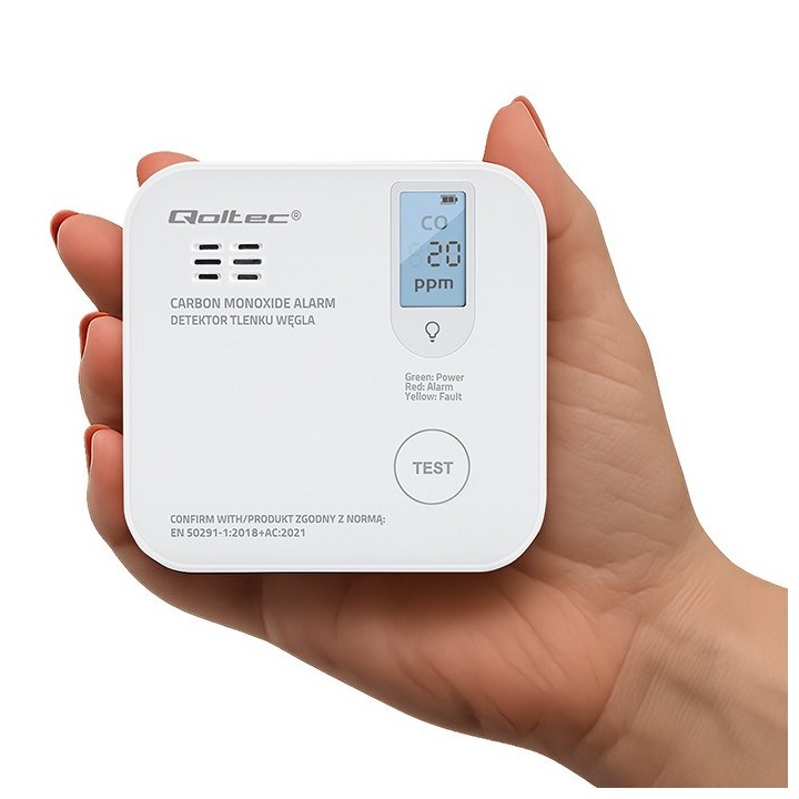 Qoltec 52577 Sensore wireless di monossido di carbonio (CO) con batteria | vita utile sensore 10 anni | allarme 85dB | LED
