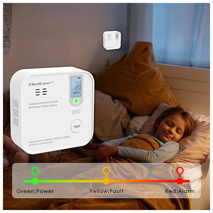 Qoltec 52577 Sensore wireless di monossido di carbonio (CO) con batteria | vita utile sensore 10 anni | allarme 85dB | LED