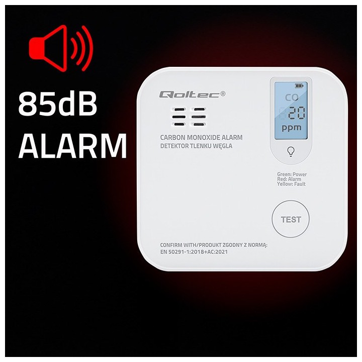 Qoltec 52577 Sensore wireless di monossido di carbonio (CO) con batteria | vita utile sensore 10 anni | allarme 85dB | LED