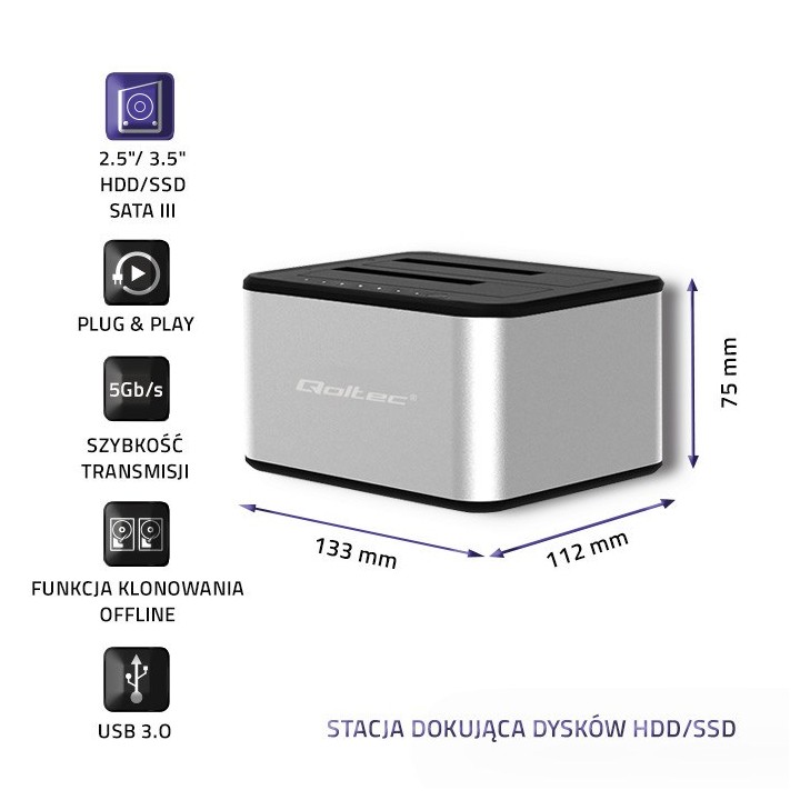 Qoltec 5316 2x HDD / SSD stazione di aggancio | 2.5 /3.5 SATA | USB 3.0 | clonazione