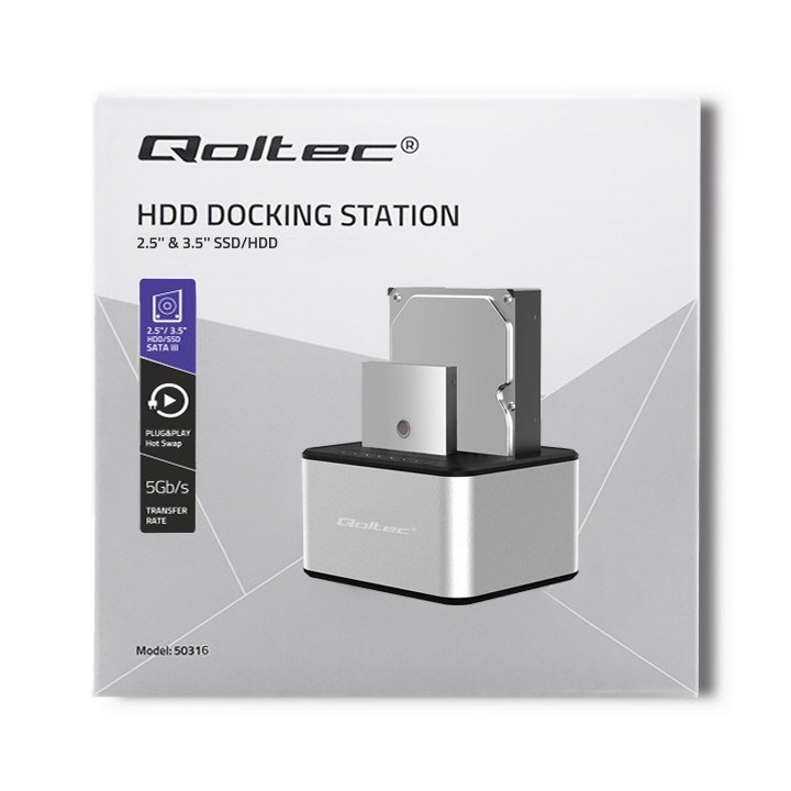 Qoltec 5316 2x HDD / SSD stazione di aggancio | 2.5 /3.5 SATA | USB 3.0 | clonazione