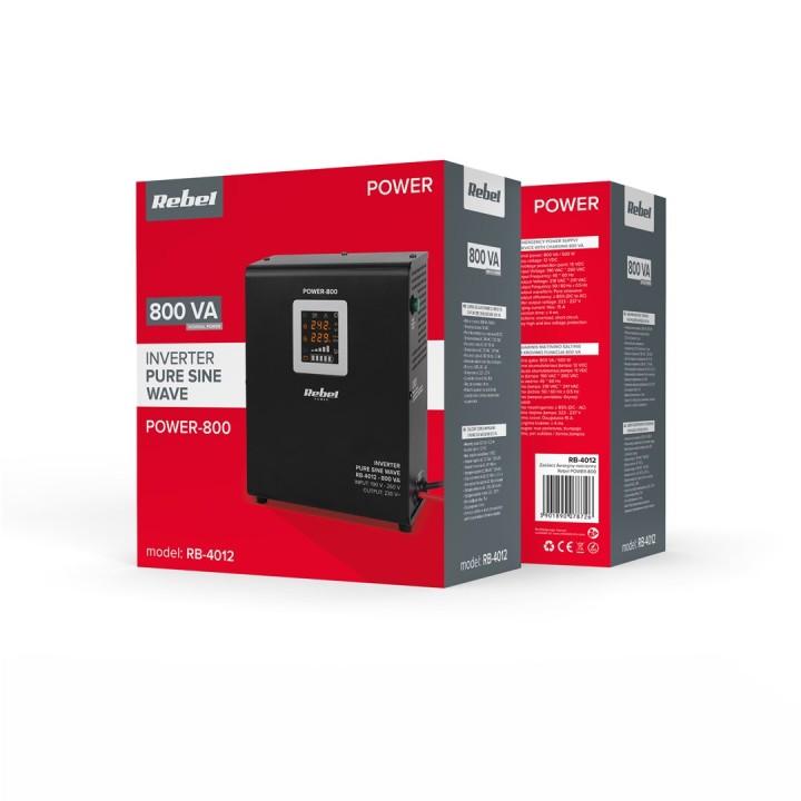 Rebel POWER-800 alimentatore di emergenza a parete – inverter a onda sinusoidale pura con funzione di ricarica 12V 230V 800VA/50
