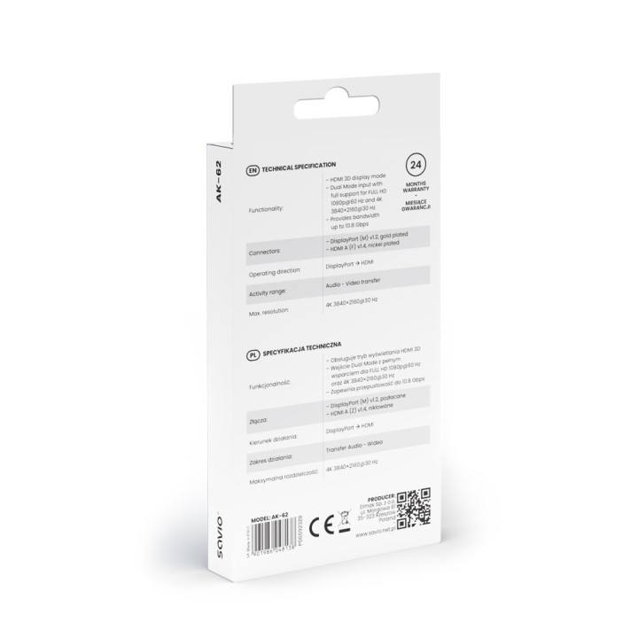 Adattatore Savio DisplayPort (M) v1.2 - HDMI A (F) v1.4 4K AK-62