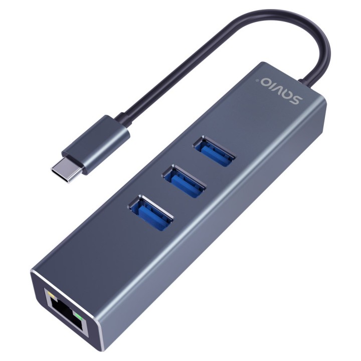 Savio AK-57 USB-C - 3 x USB-A HUB con adattatore RJ-45 Gigabit Ethernet 5000 Mbit/s grigio
