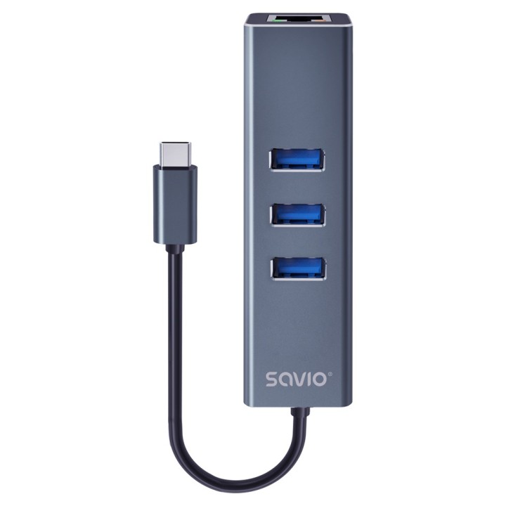 Savio AK-57 USB-C - 3 x USB-A HUB con adattatore RJ-45 Gigabit Ethernet 5000 Mbit/s grigio