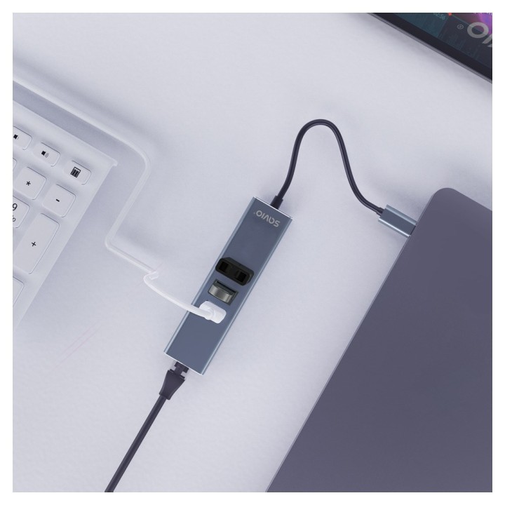 Savio AK-57 USB-C - 3 x USB-A HUB con adattatore RJ-45 Gigabit Ethernet 5000 Mbit/s grigio