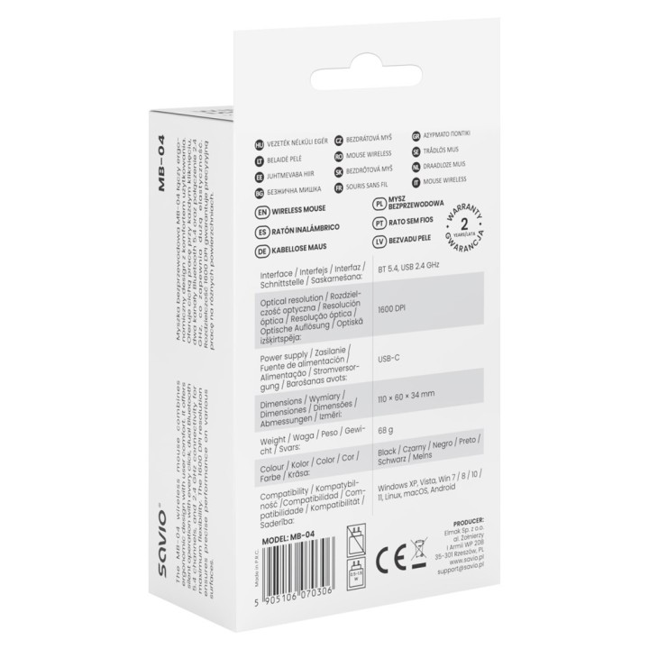 Savio MB-04 Mouse Universale Ambidestro Bluetooth IR LED 1600 DPI