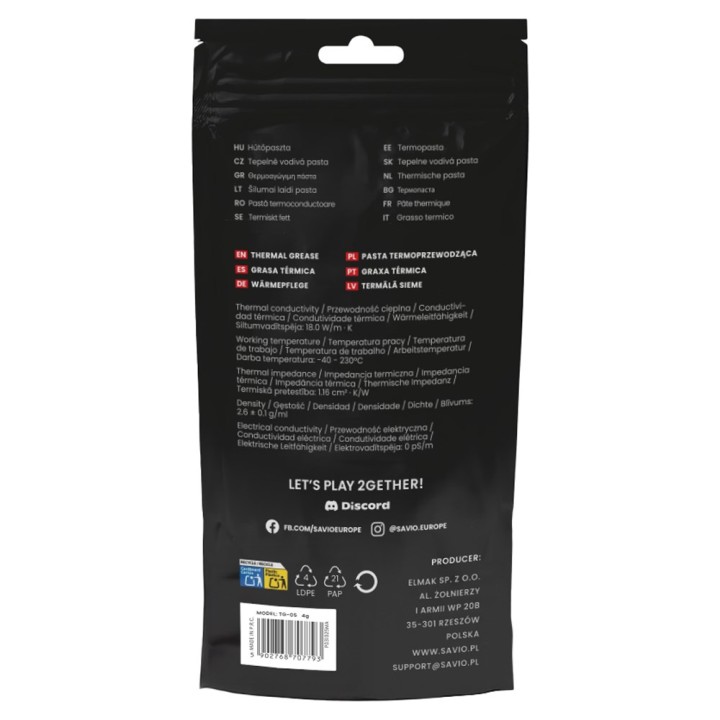 Savio TG-05 4g pasta termica composto dissipatore calore 18 W/m·K