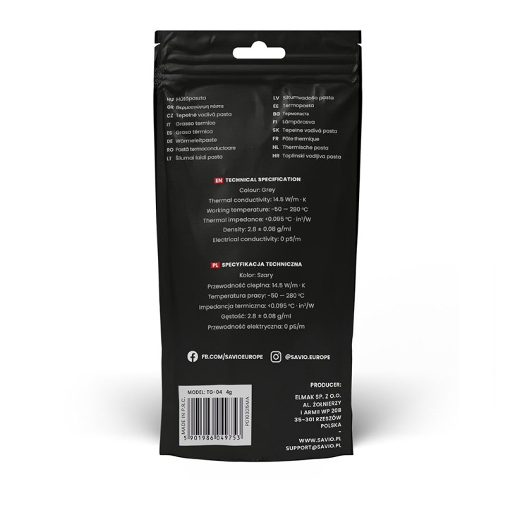 Savio TG-04 4g Pasta termica compound per dissipatori 14.5 W/m·K