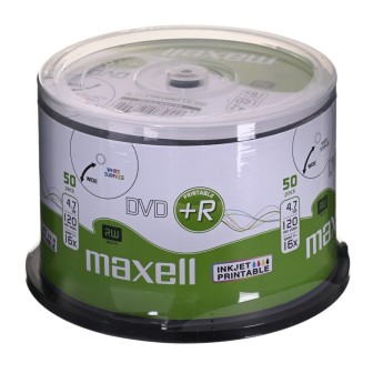 MAXELL Disco DVD+R 4.7GB 50 pz. in confezione a torta (pindel). Velocità di scrittura 16X 120 min. Piastre per stampa a getto d'