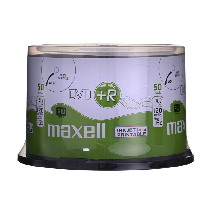 MAXELL Disco DVD+R 4.7GB 50 pz. in confezione a torta (pindel). Velocità di scrittura 16X 120 min. Piastre per stampa a getto d'