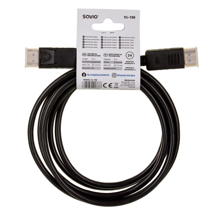 Savio CL-136 DisplayPort cavo 2 m nero