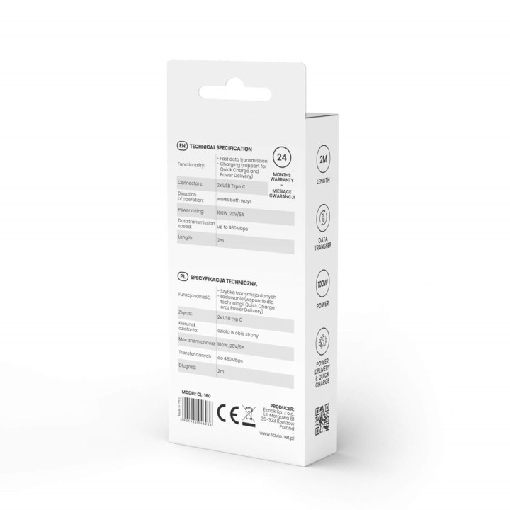 Savio CL-160 USB cavo 2 m USB 2.0 USB C - USB C nero