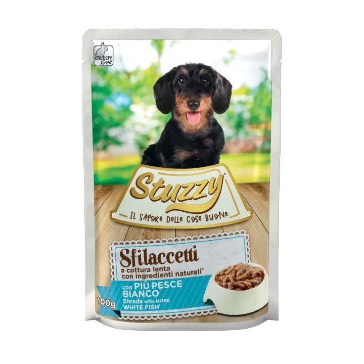 STUZZY Sfilacciati con carne di pesce bianco - cibo umido per cani - 100g