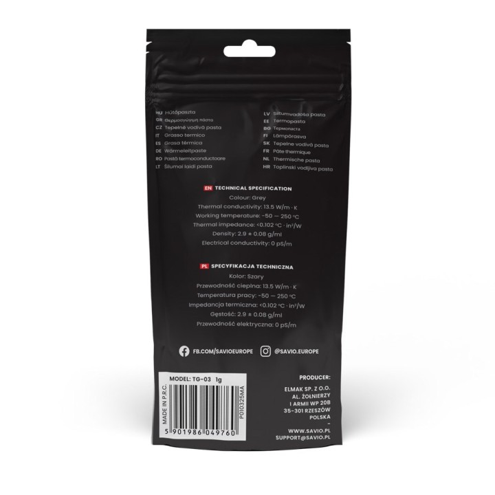 Savio TG-03 1G Pasta termica compound per dissipatori 13.5 W/m·K