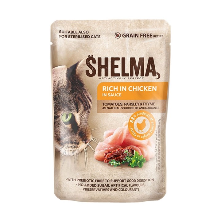 SHELMA Ricco di pollo tacchino manzo e anatra - cibo umido per gatti - 4x85g